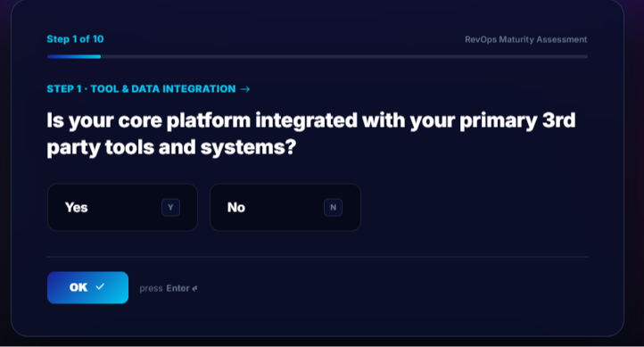 Interactive multi-step quiz interface with sleek dark mode glow & keyboard navigation