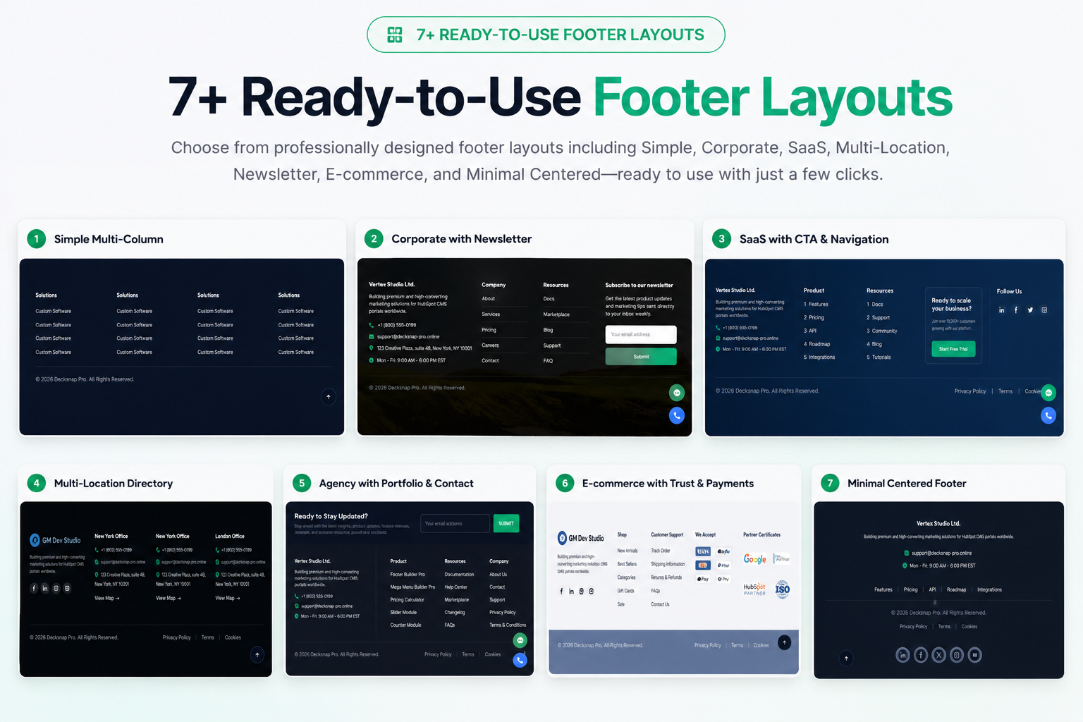 7 ready-to-use layouts: Simple, Corporate, SaaS, Multi-Location, Newsletter, E-commerce & Minimal.