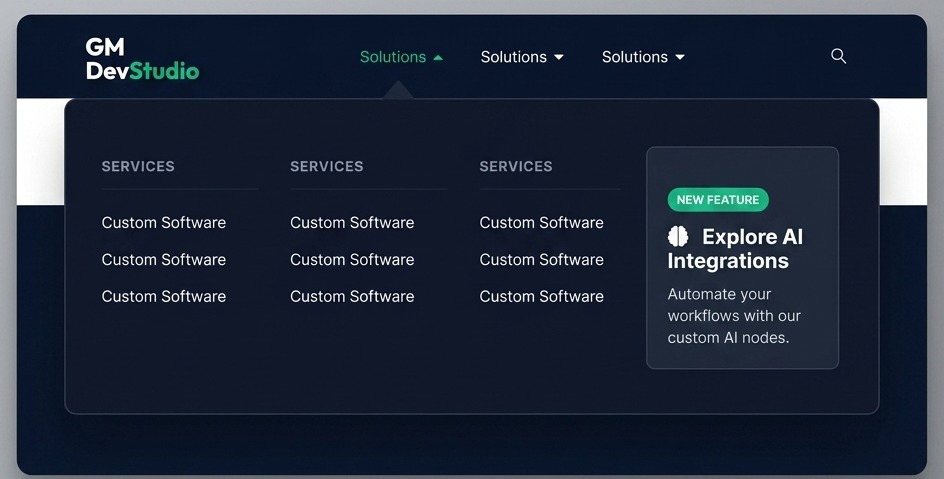 Desktop mega menu dropdown with multi-column links and a premium featured card block.